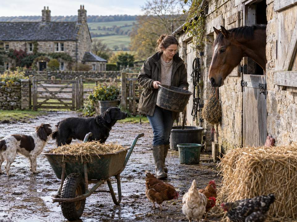 A countryside stable yard with horses and hounds